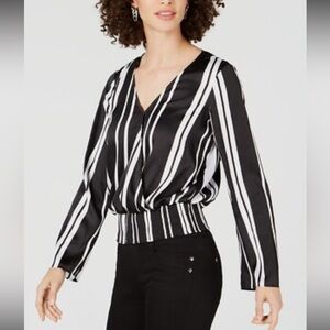 INC International Concepts Black White Striped Blouse Faux Wrap Top Cinch Waist